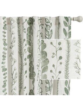 Sage Green Boho Curtains 84" Long - Light Filtering Leaf Print Drapes, 2 Panels
